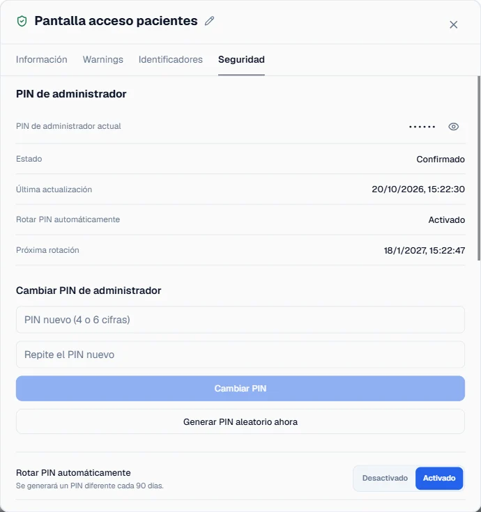 Seguridad de la pantalla Acceso pacientes en Plyb TV: PIN de administrador confirmado, rotación automática activada cada 90 días y próxima rotación programada